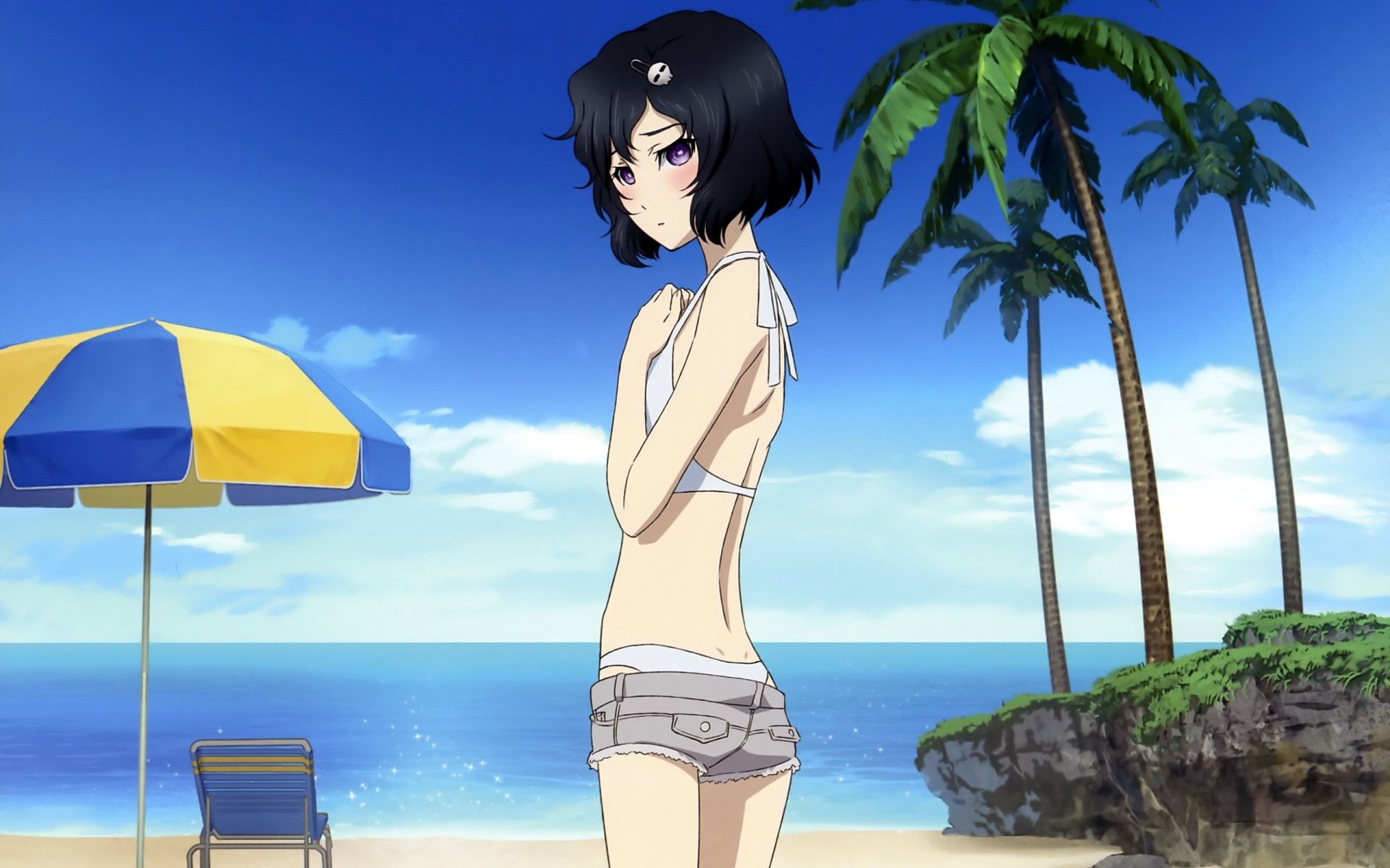 ky short hair beach enzo clouds bikini black hair tree purple eyes water shorts blush swimsuit trap urushibara hand