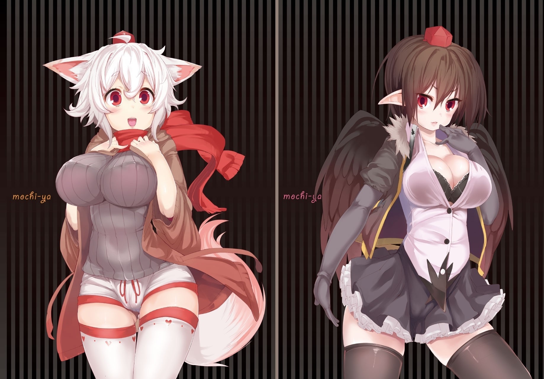 hameimaru th inubashiri momiji red eyes breast tagme tail wings animal ears thighhigh