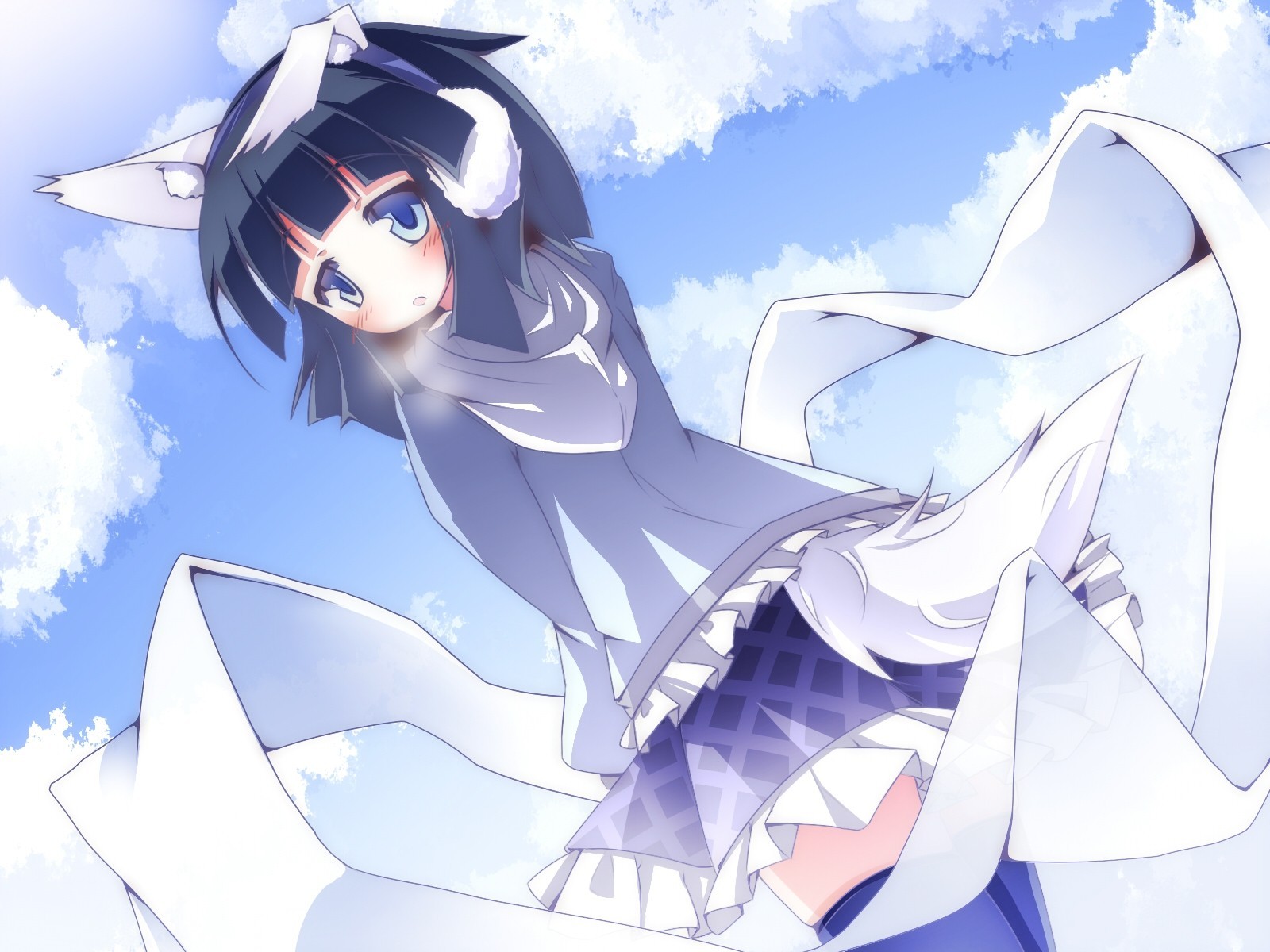 blaue augen himmel kurze haare erröten wolken rock schwarze haare thighhighs tierohren schwanz