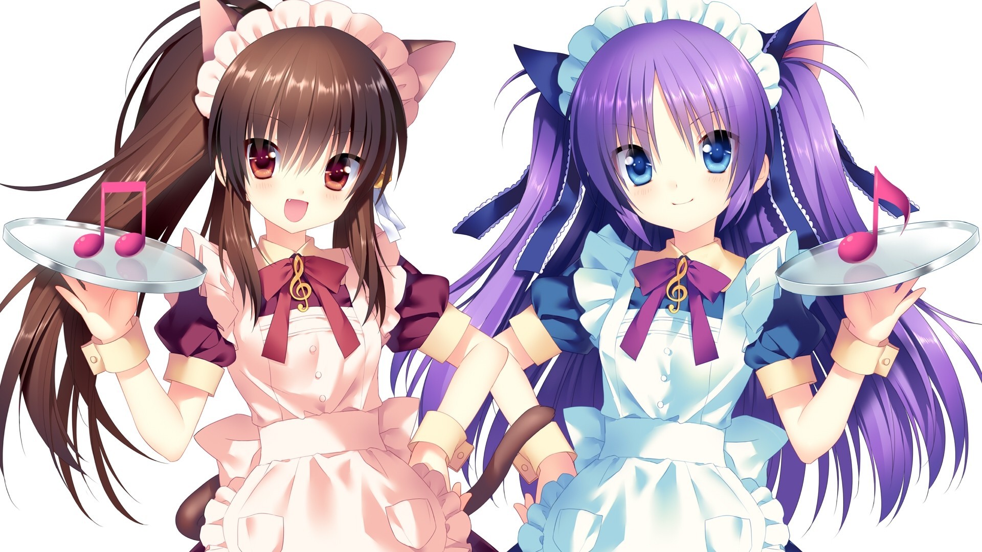 blue eyes brown eyes tapes catgirl maid purple hair long hair dress animal ears tail brown hair