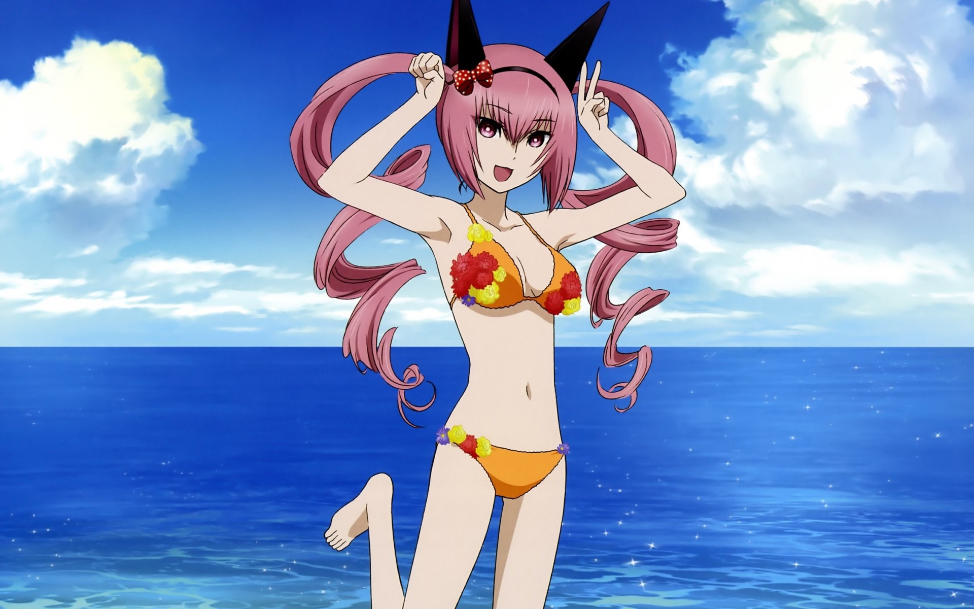 pink hair beach barefoot clouds bikini swimsuit pink eyes animal ear