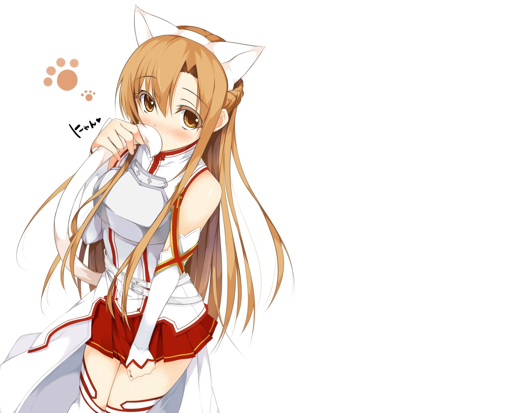 brown eyes blush yuuki asuna white thighhighs catgirl animal ears tail brown hair