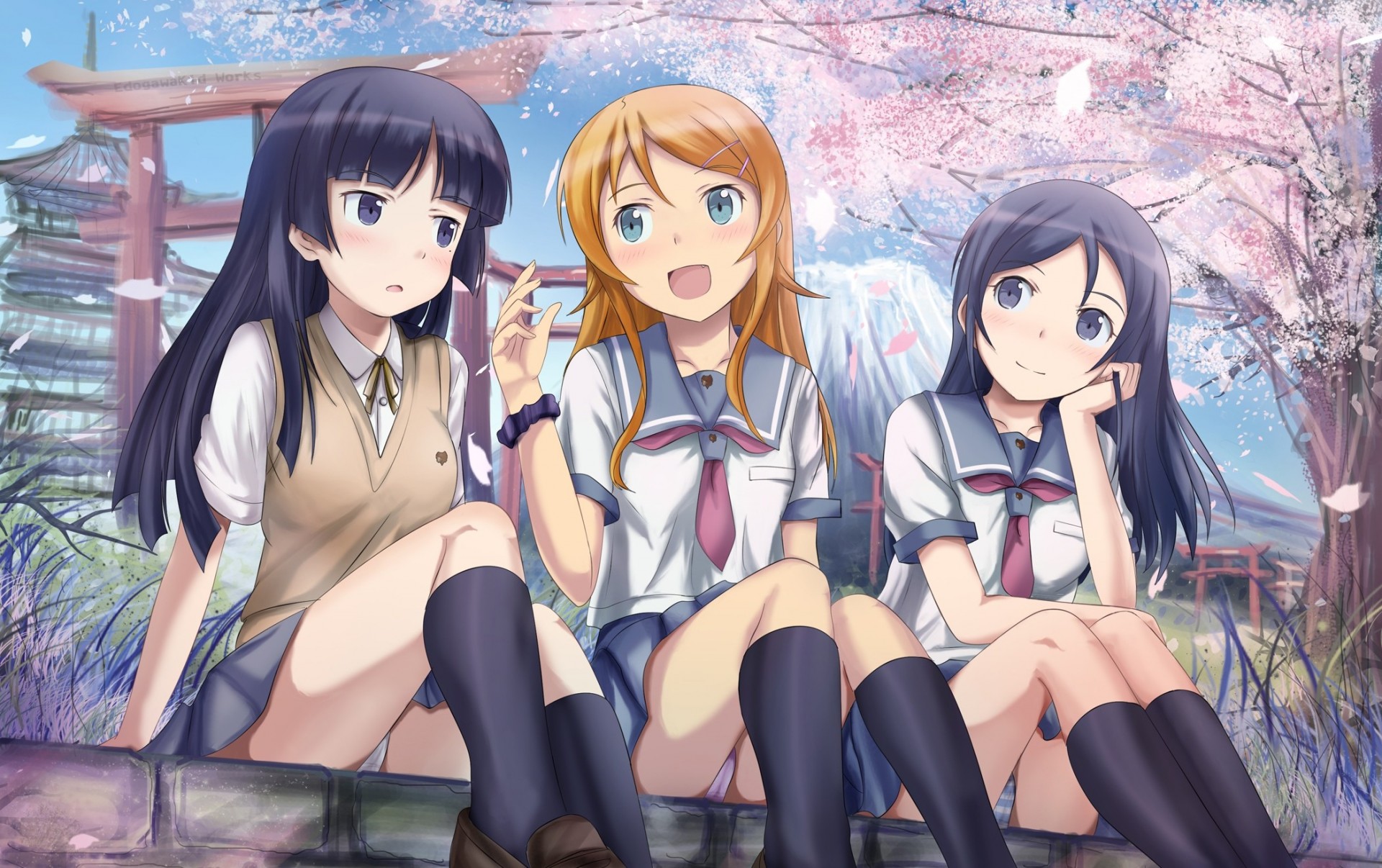 blue eyes petals seifuku blush kousaka kirino black hair long hair cherry orange hair underwear short