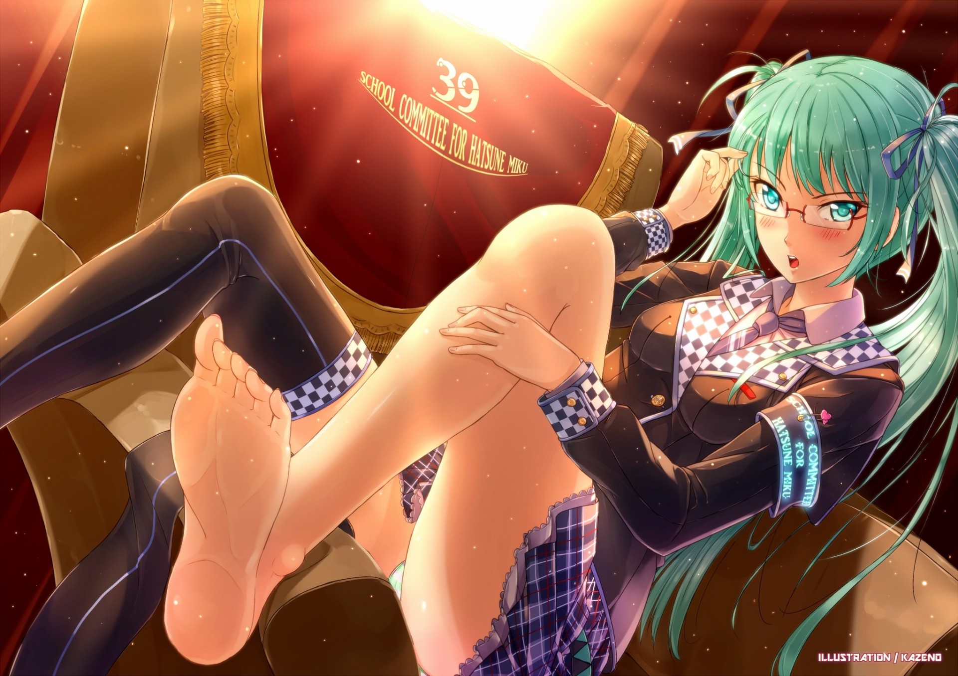 eifuku twintails rumieniec majtki długie włosy bielizna hatsune miku związać okulary thighhigh