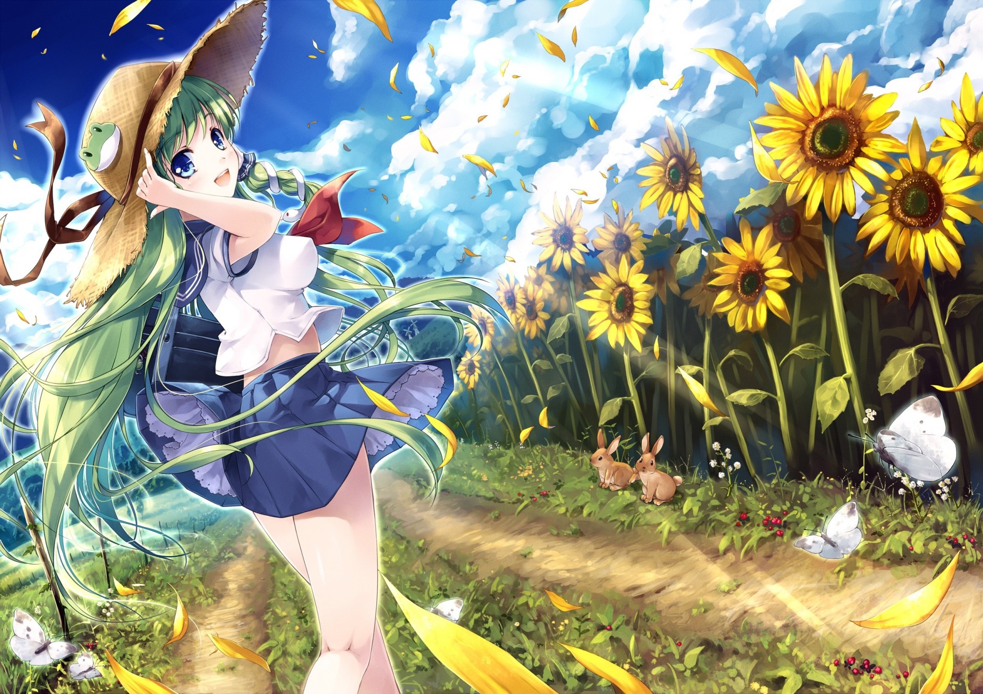 ciel yeux bleus pétales seifuku rétro-éclairage jupe chapeau nuages cheveux verts animaux lièvre cheveux longs ruban lapin fleurs kochiya sanae tournesol