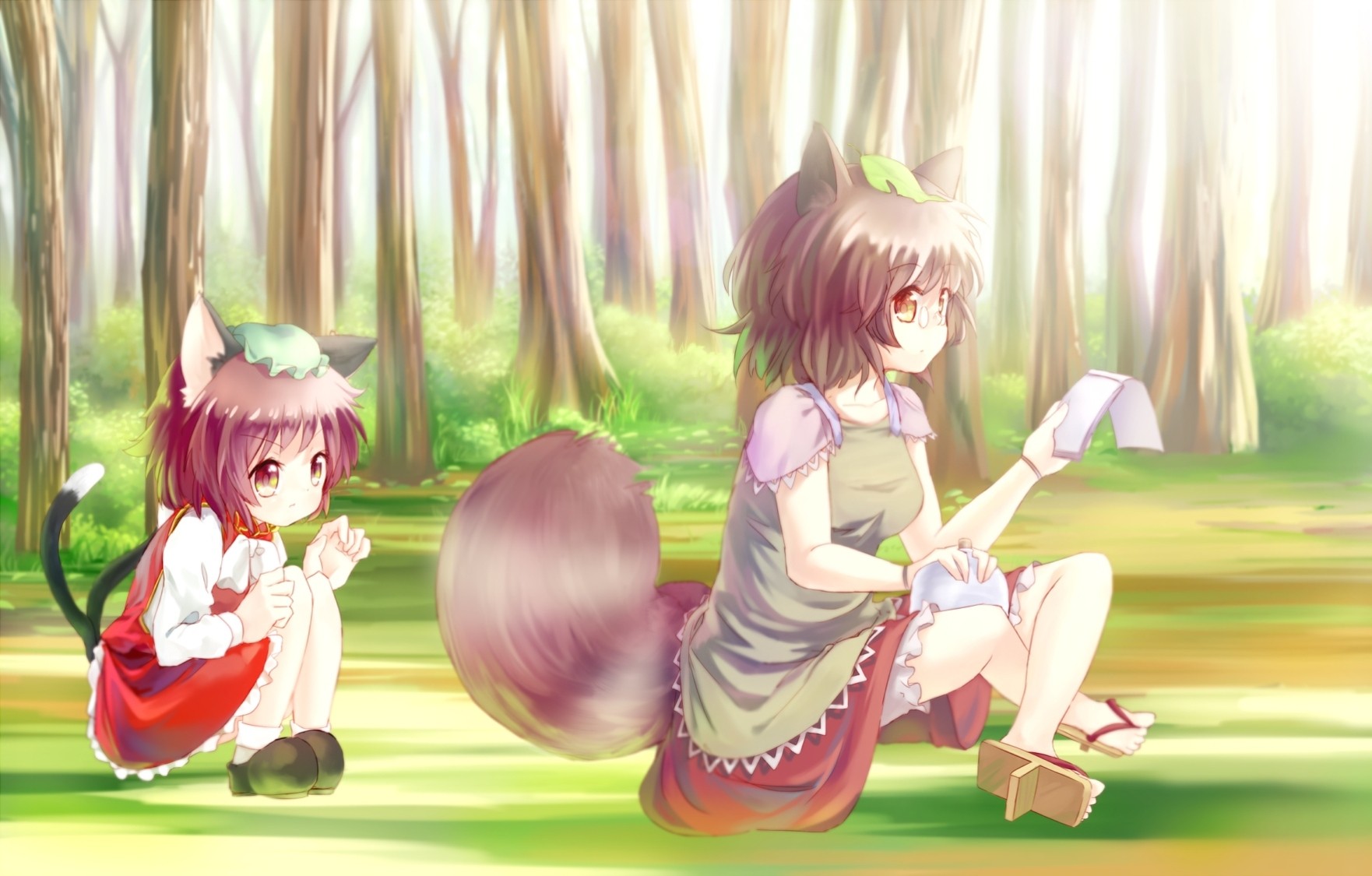 hort hair brown eyes red eyes hat 2girls sheet catgirl sunglasses animal ears tail brown hair