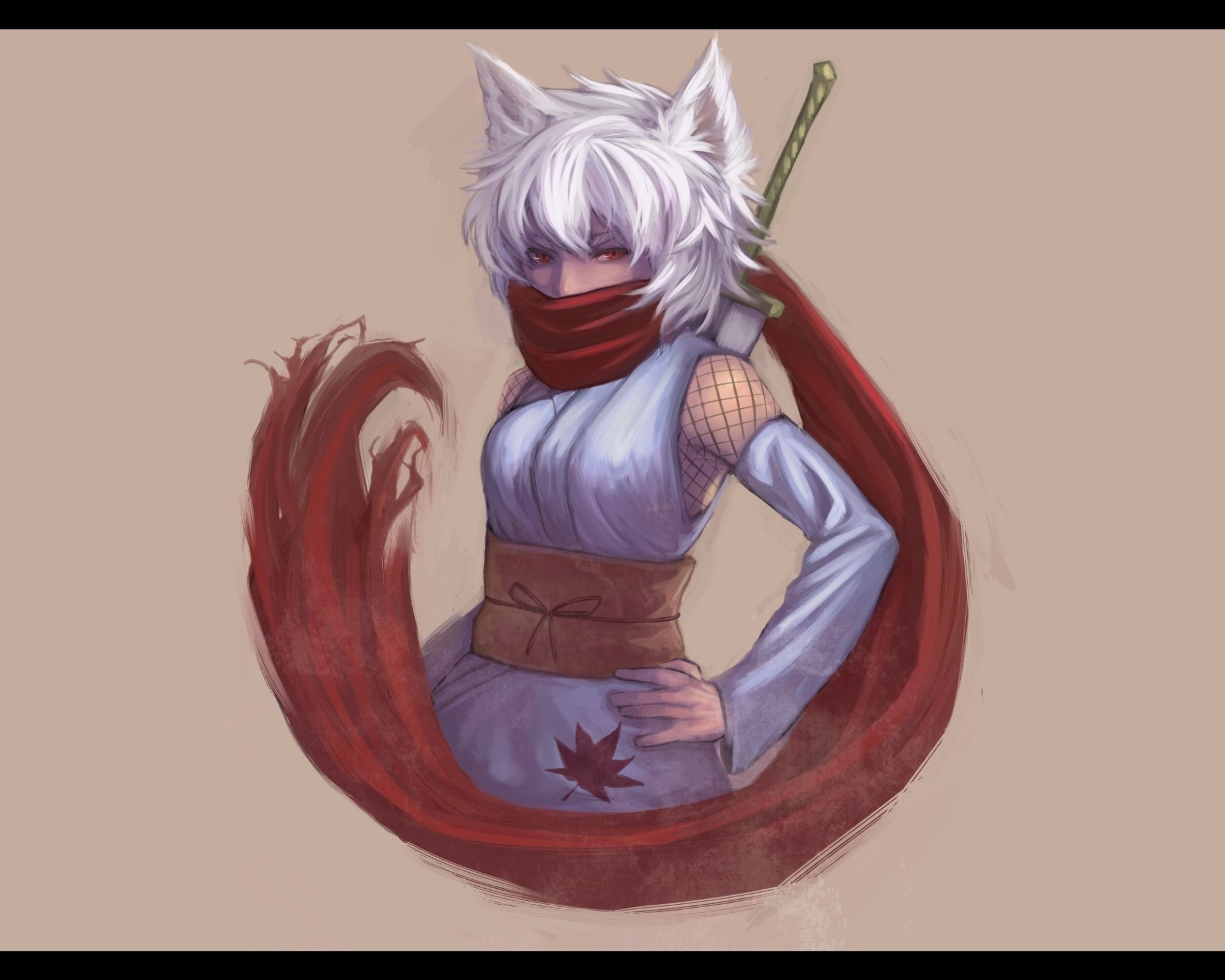 ninja inubashiri momiji pelo gris marrón ojos rojos armas ropa japonesa espada bufanda orejas de animales