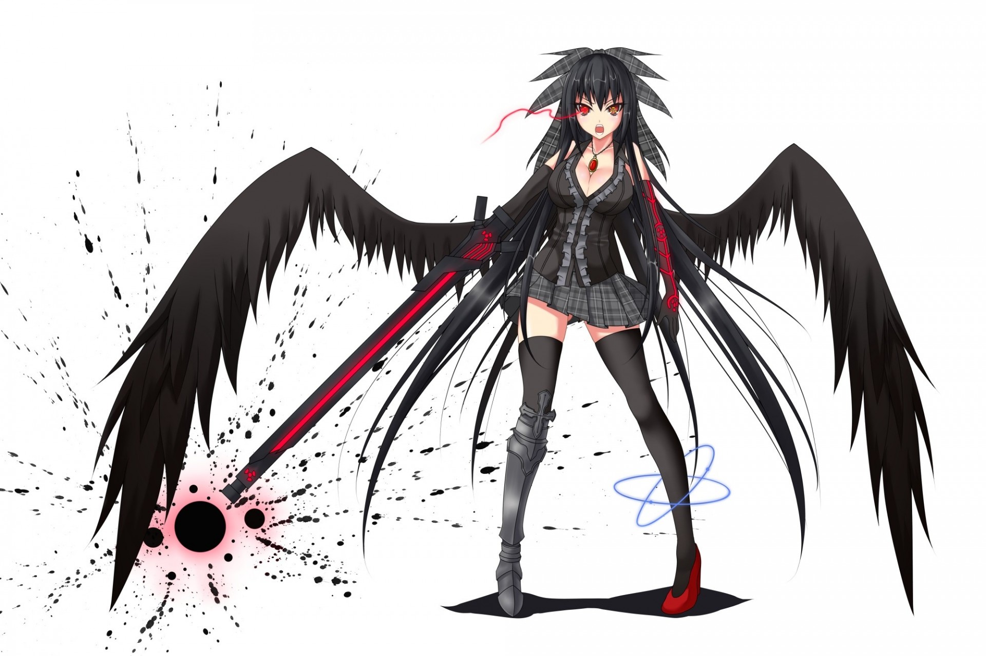 flying fortress skirt reiuji utsuho torment zettai ryouiki black hair red eyes breast long hair orange eyes weapon wings thighhigh