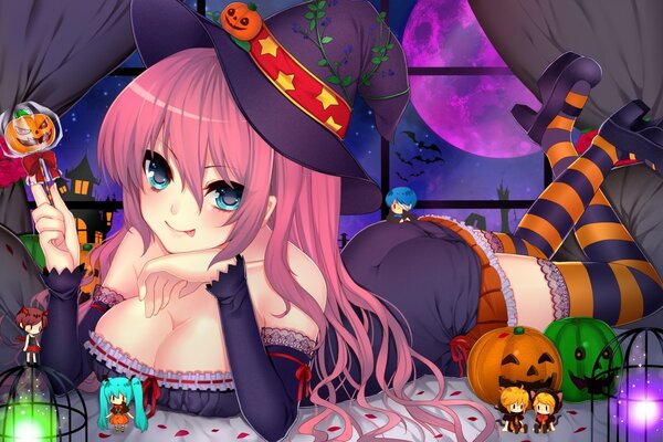 Image anime d une fille sur Halloween en costume de sorcière