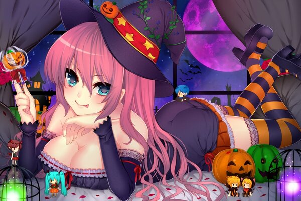 Anime obraz dziewczyny na haluin w kostiumie czarownicy