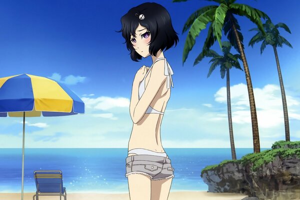 Anime-Zeichnung eines Mädchens mit schwarzen Haaren, das am Strand steht