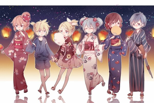 Six girls in kimonos are beautiful