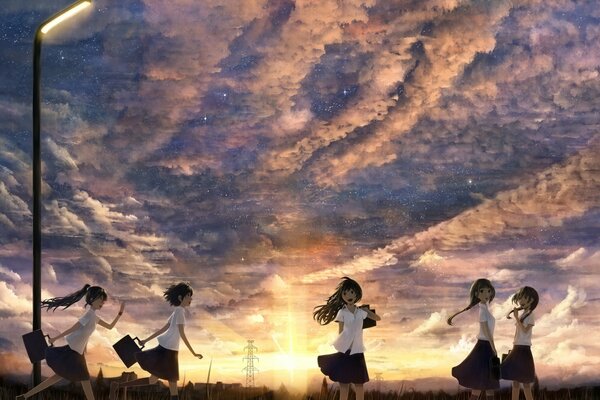 Five schoolgirls anime sunset