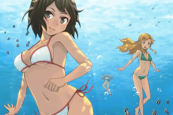 Anime Mädchen unter Wasser in Badeanzügen