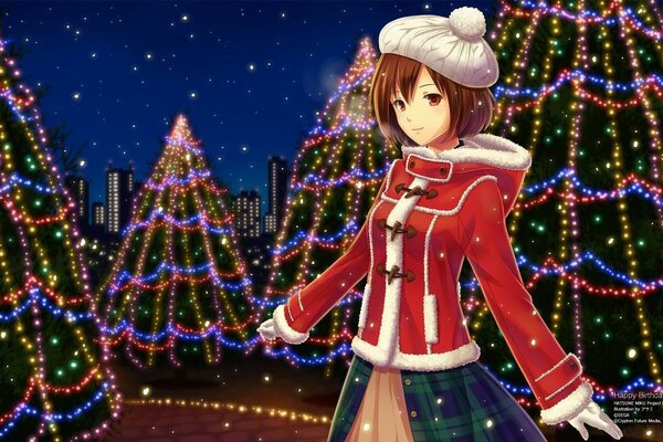 New Year anime wallpaper with garlands and a Christmas tree