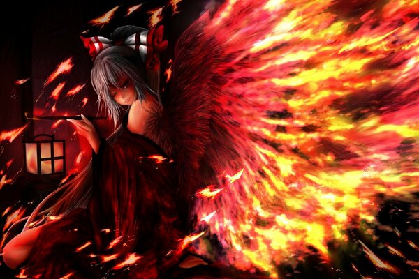 Art image of a girl with fiery wings