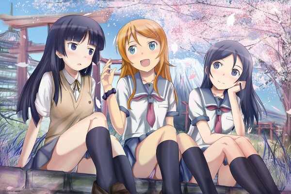 Kirino Kosaka con sus amigas en el fondo de Sakura