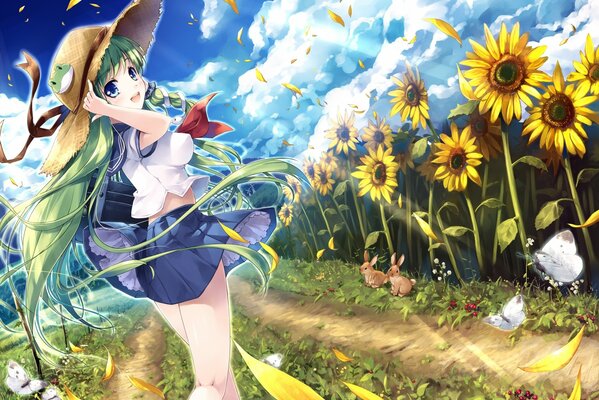 Anime-style girl next to sunflowers