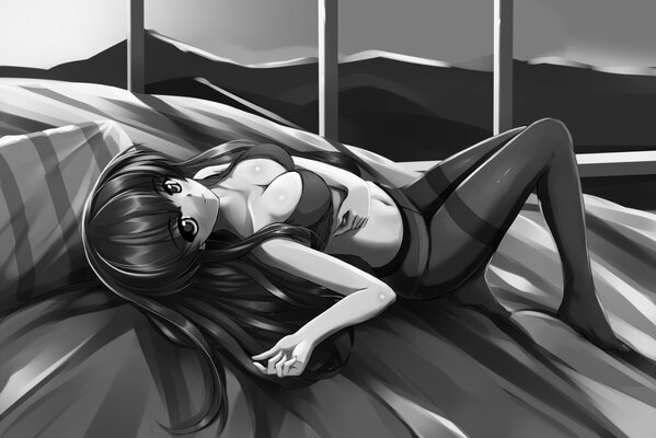 Anime girl with long hair in underwear and tights black and white