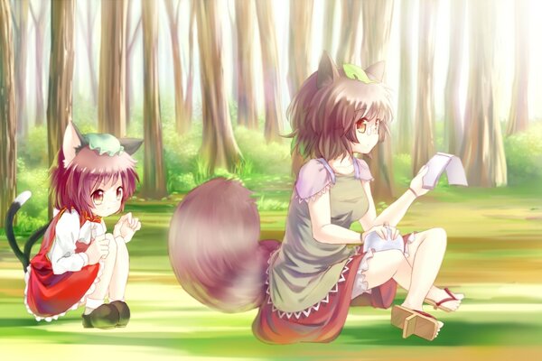 Anime image of two girls with tails