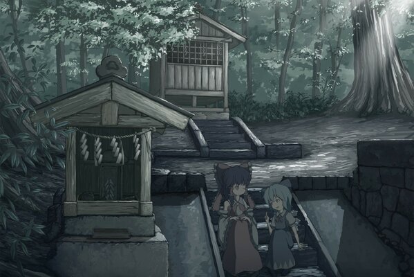 Anime image de deux filles dans la forêt japonaise