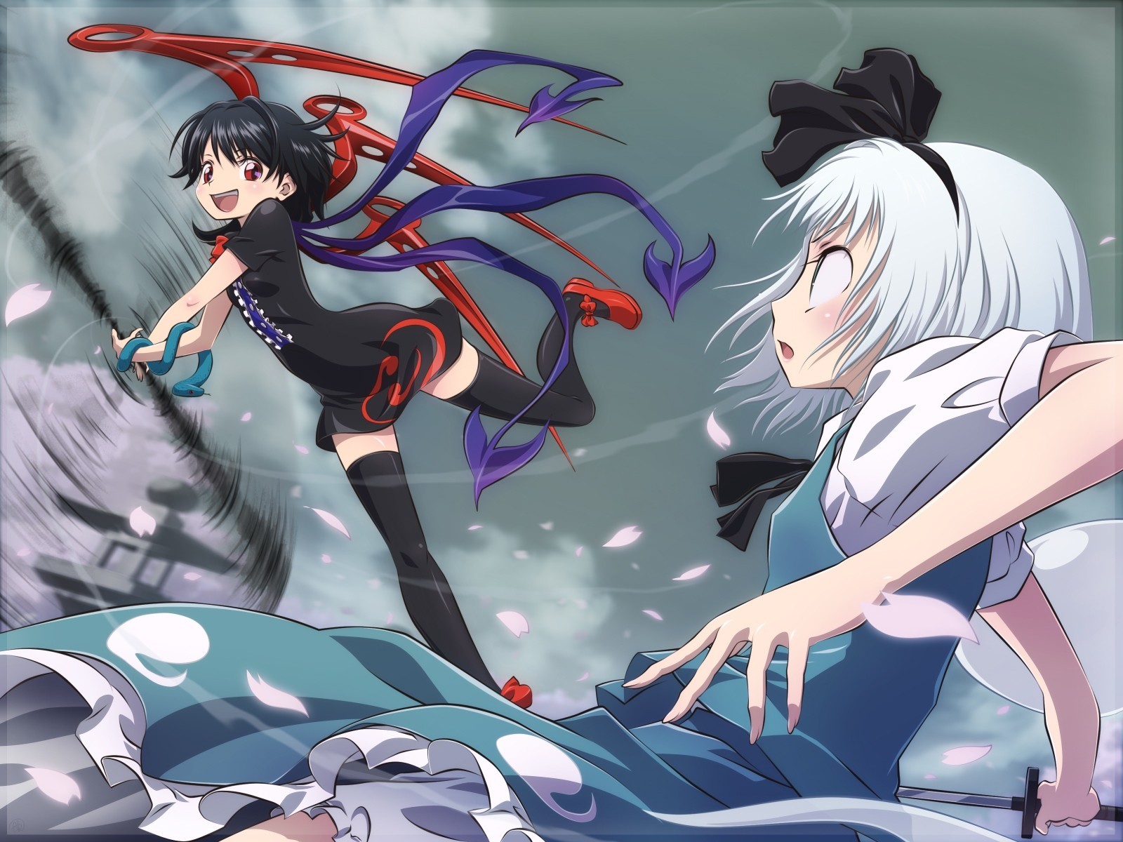 hort hair petals green eyes torment black hair animals weapon katana konpaku youmu red eyes dress white hair wings stockings sword