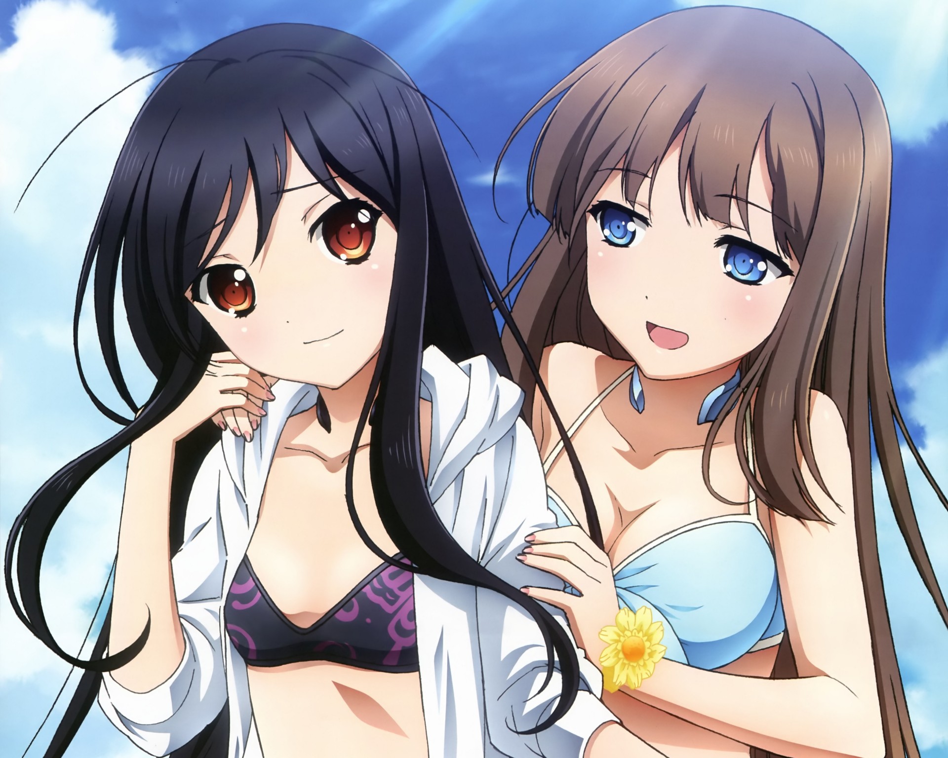 blue eyes black hair bikini swimsuit red eyes long hair 2girls water thighhighs brown hair