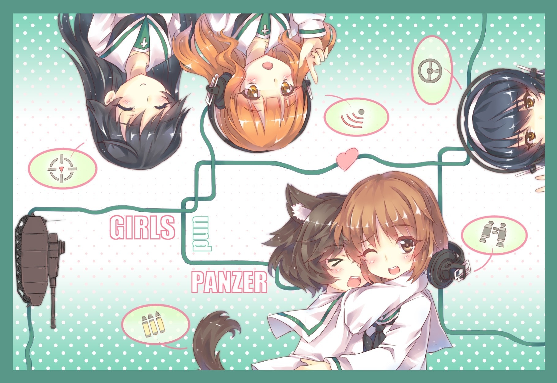 hort hair blush black hair brown eyes long hair headphones seifuku animal ears tail brown hair