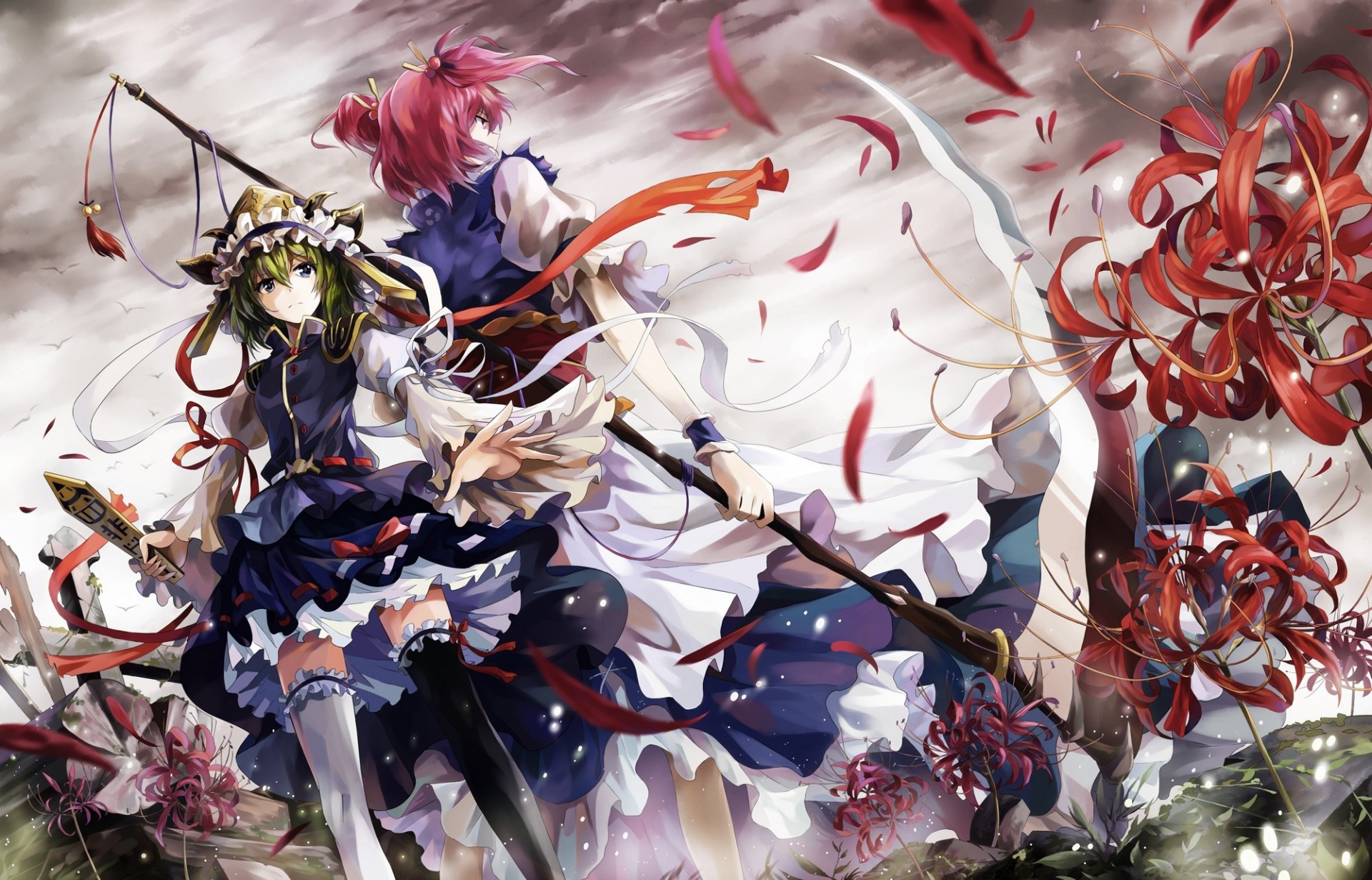 petals 2girls flower thighhighs shikieiki yamaxanadu