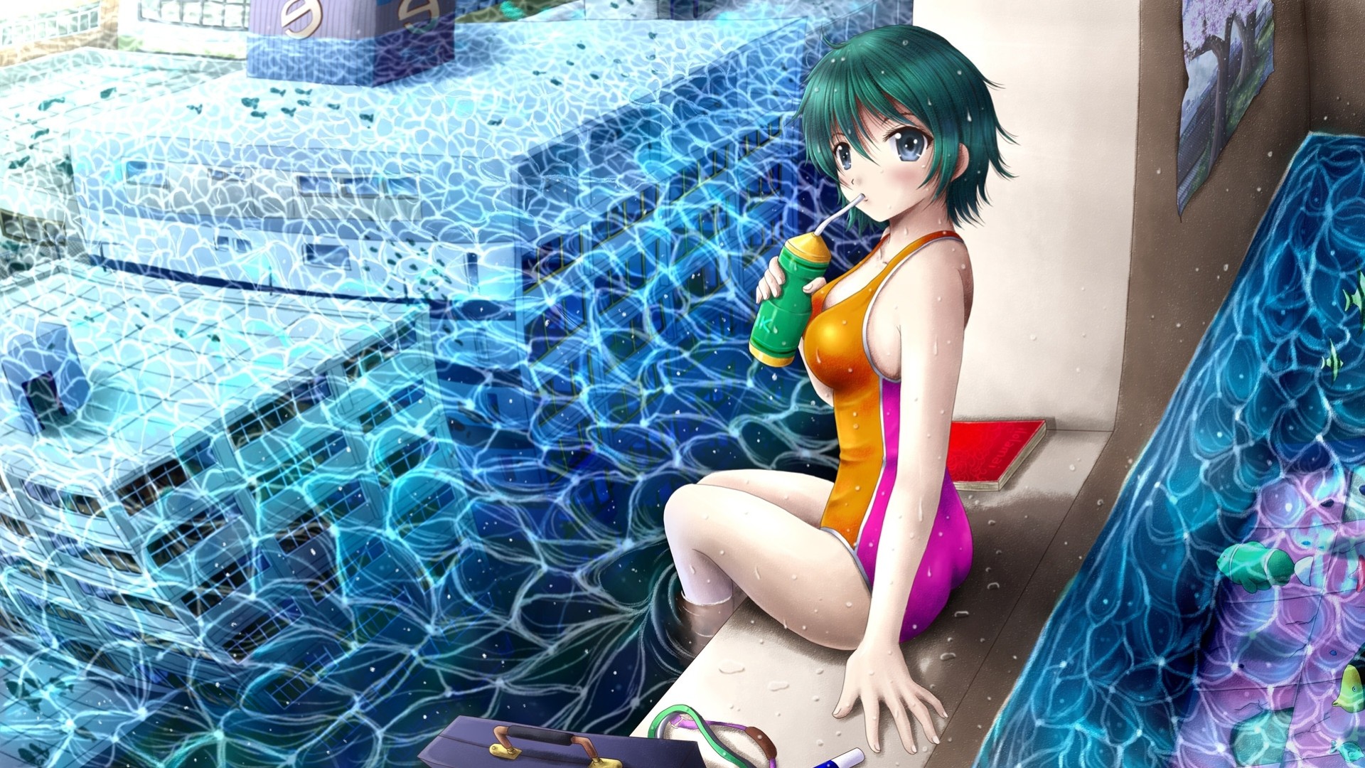 tagme swimsuit wet water green hair