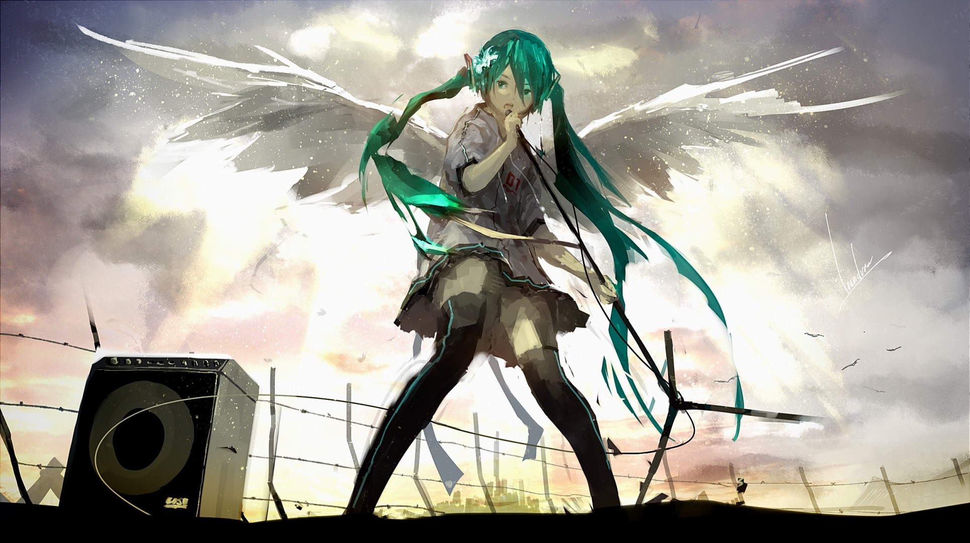 twintails skirt green hair animals green eyes long hair thighhighs underwear microphone shorts wings hatsune miku bird