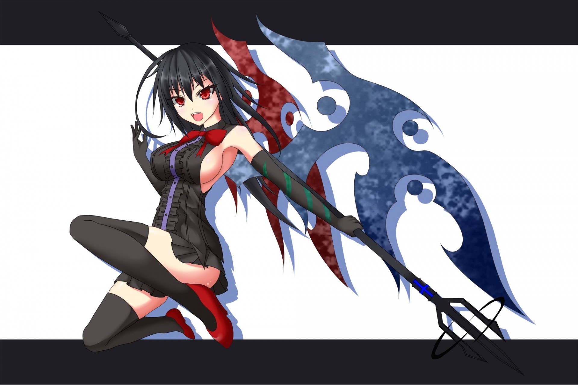 kirt long hair black hair zettai ryouiki torment red eyes breast sideboob gloves weapon wings thighhigh