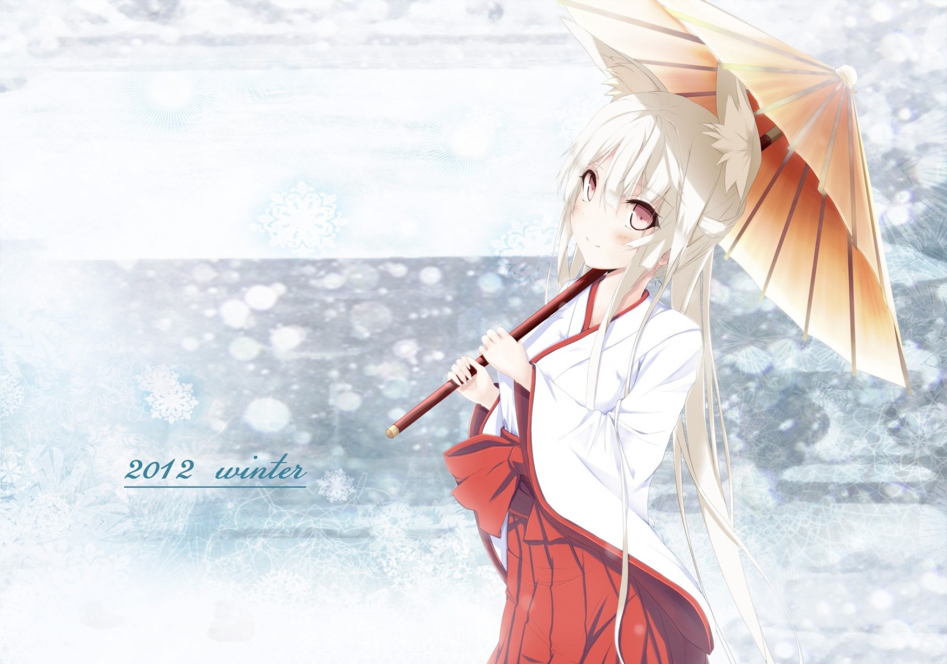 pit snow blush japanese clothes white hair pink eyes winter animal ears umbrella