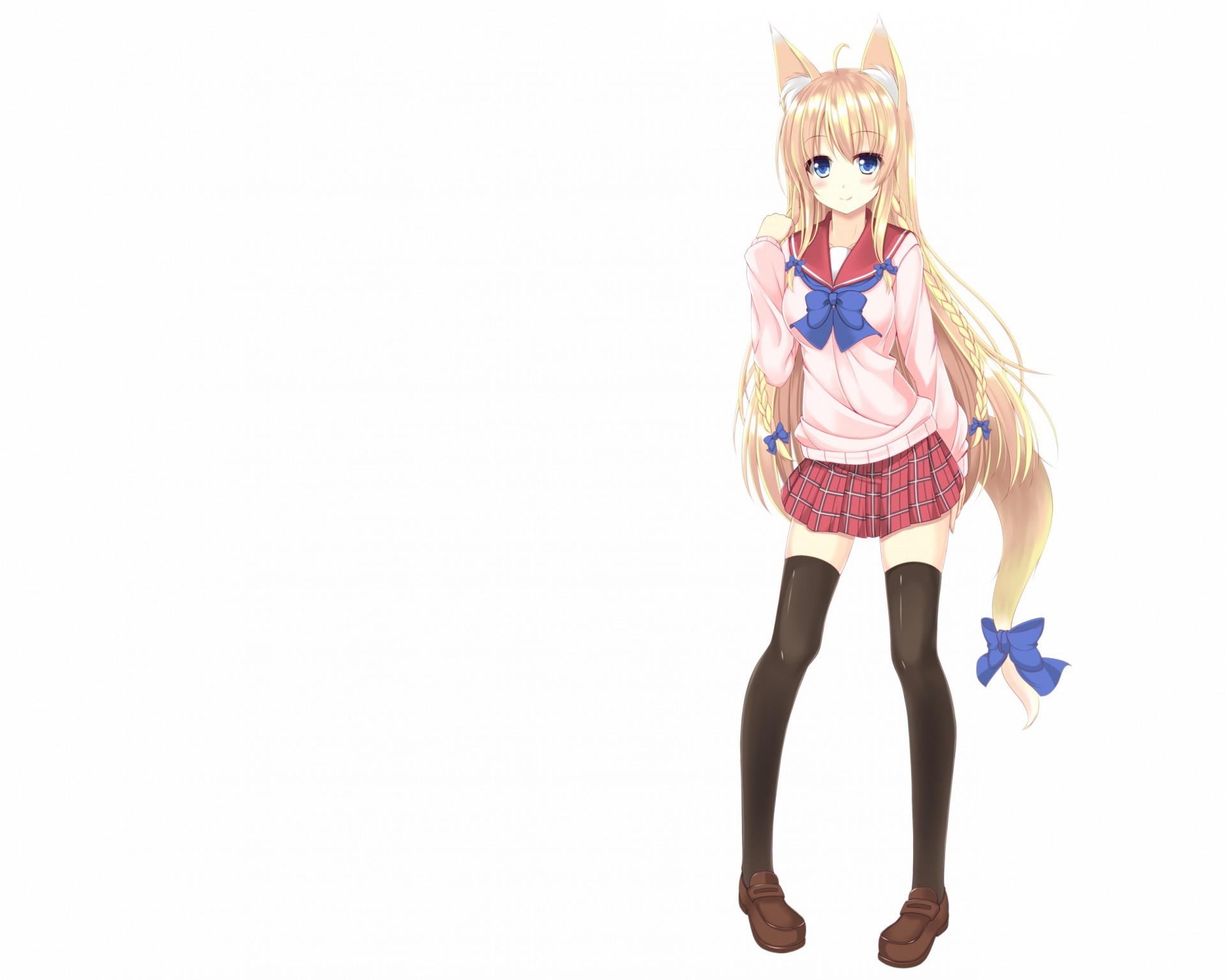 yeux bleus seifuku cheveux blonds cheveux longs blanc thighhighs oreilles d animaux queue de cheval