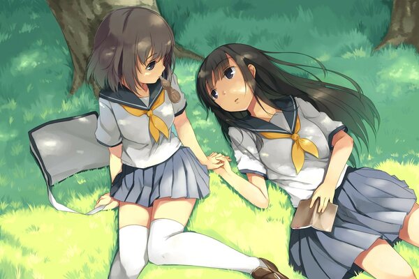 Anime colegialas bajo un árbol con libros