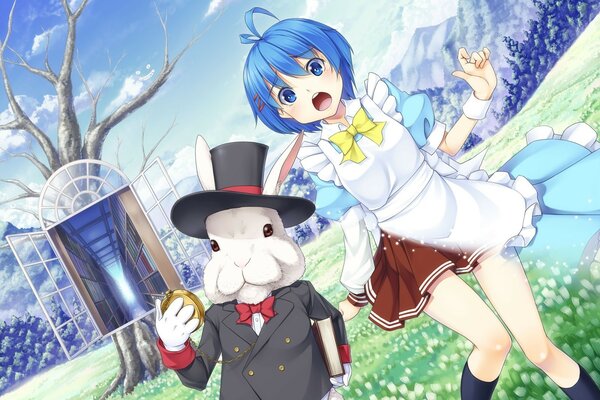 Кролик на голубом фоне с девушкой
