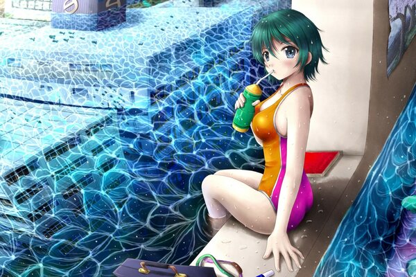 Wet bright swimsuit on a girl with green hair