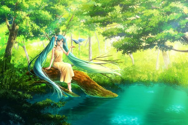 Hatsune miku на дереве возле воды