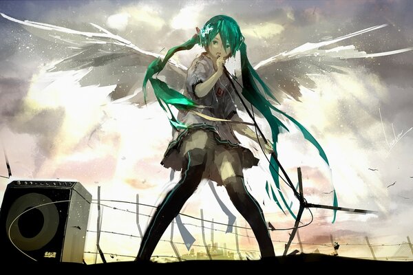 A girl with wings and green hair sings into a microphone