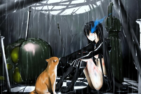 Девушка в стиле аниме сидит рядом с кошкой