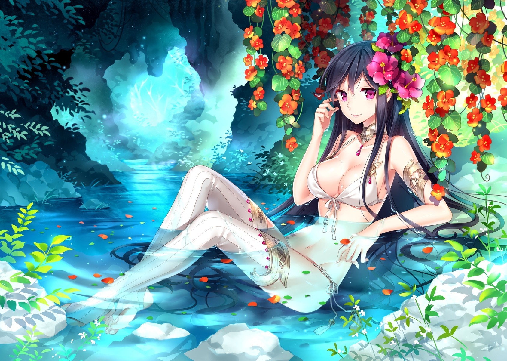 wet petals long hair black hair bikini swimsuit purple eyes water flower blush thighhigh