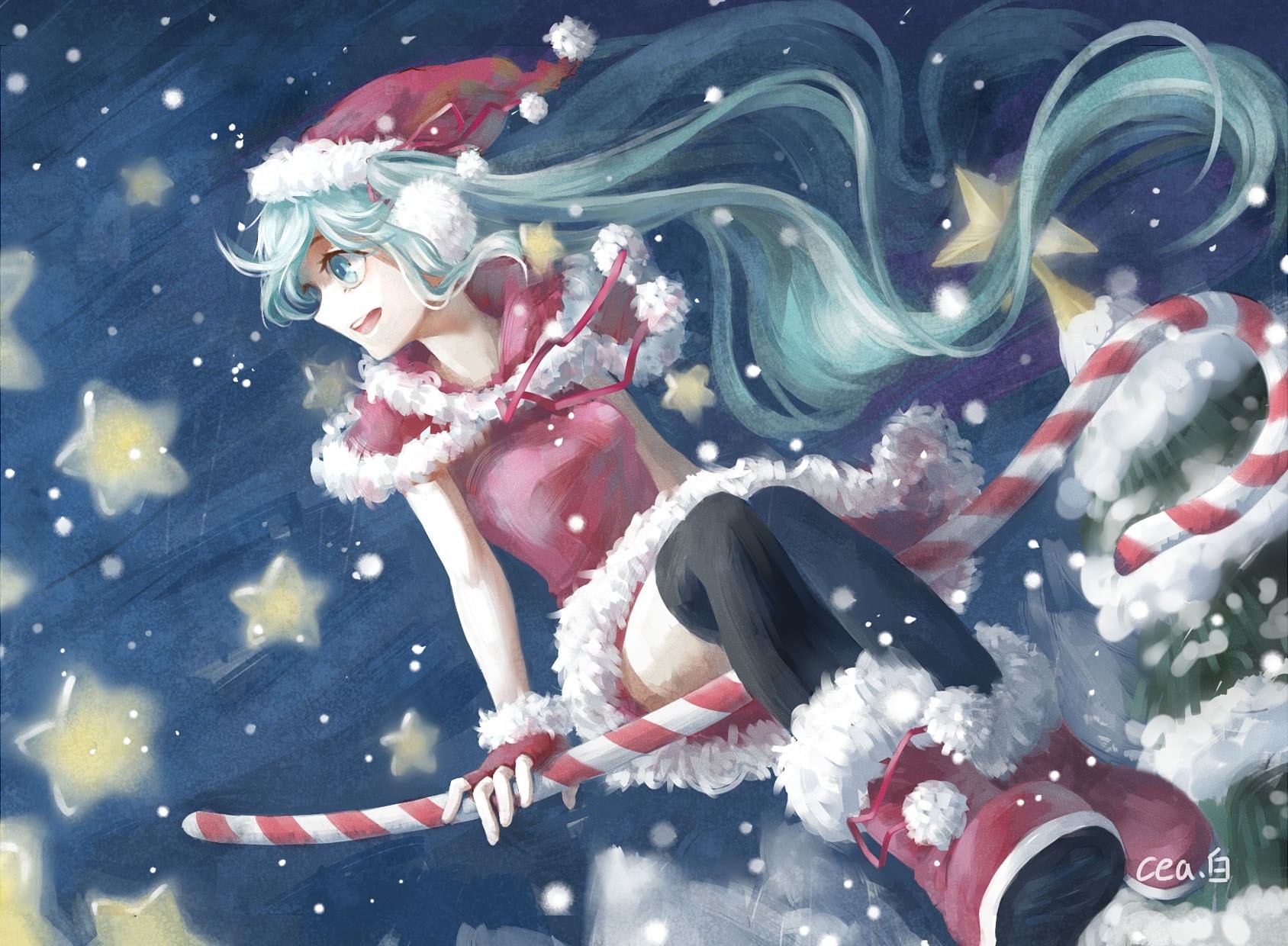 candy hat hatsune miku night tree long hair thighhighs snow