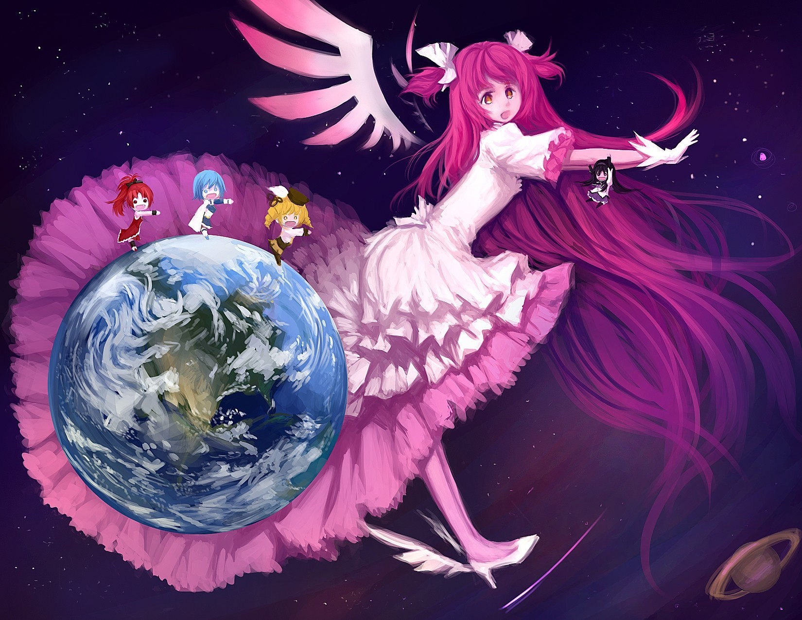 pink hair wings crossover space long hair dress akemi homura