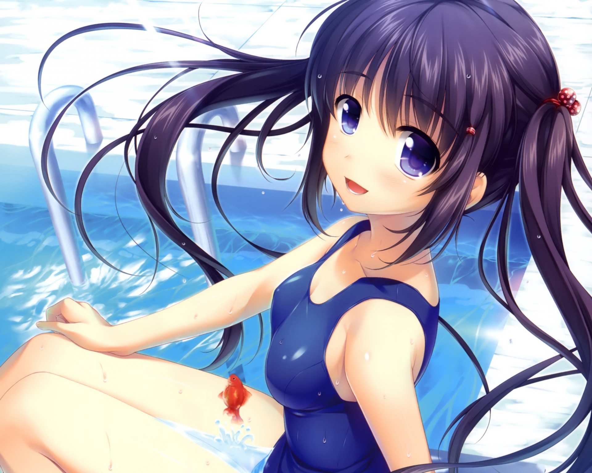 nass blaue augen fisch twintails pool schwarzes haar badeanzug tier blau wasser