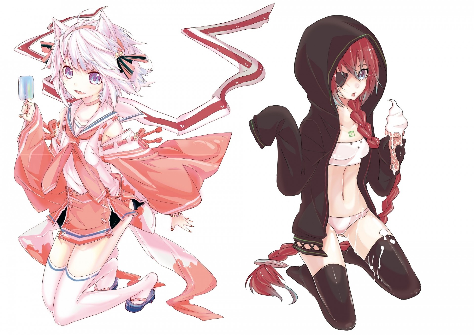 blue eyes red hair ice cream dressings fang white hair underwear shorts animal ears thighhigh