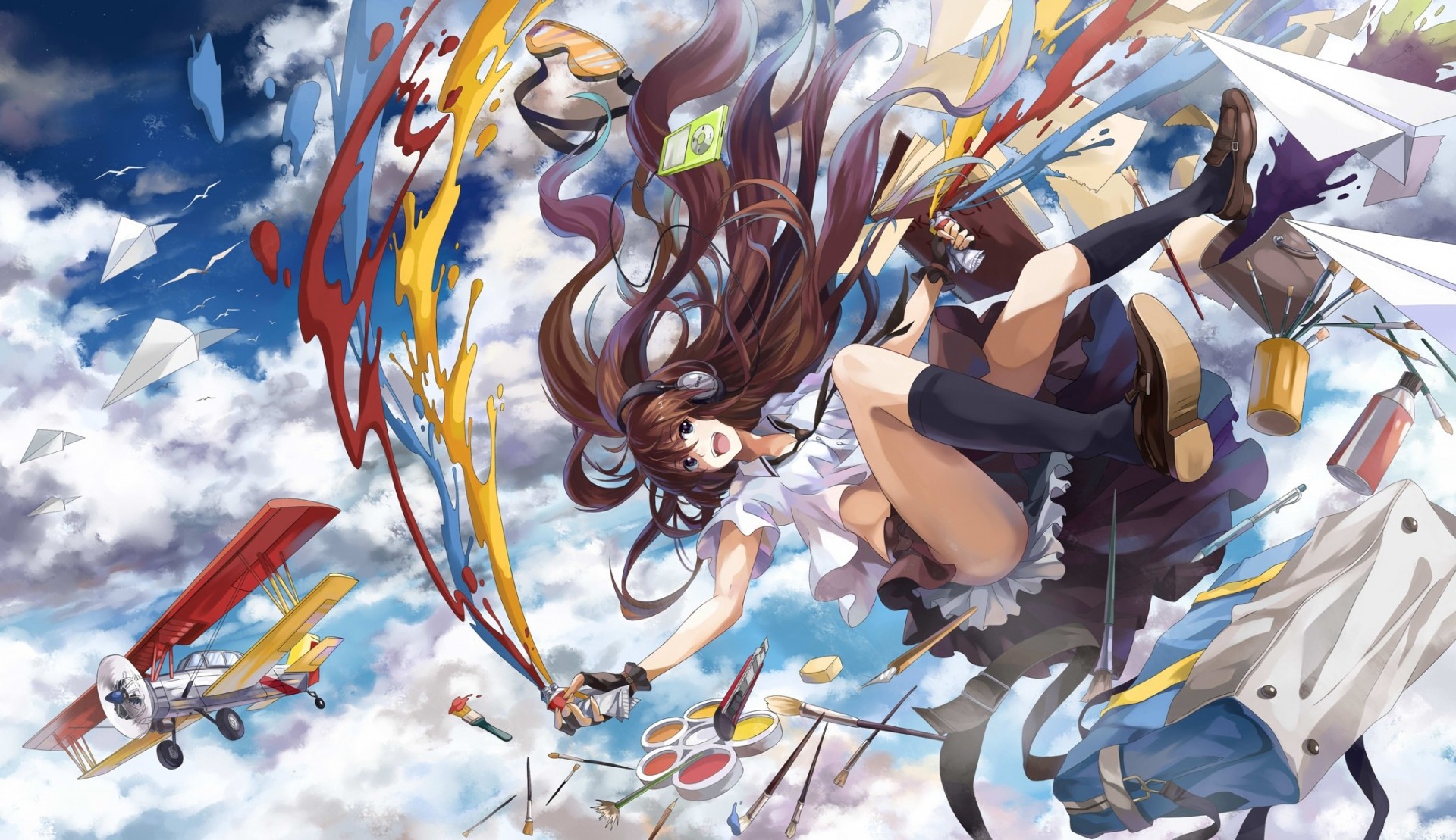 ky blue eyes plane seifuku skirt clouds knife gloves long hair book animals headphones sunglasses birds brown hair