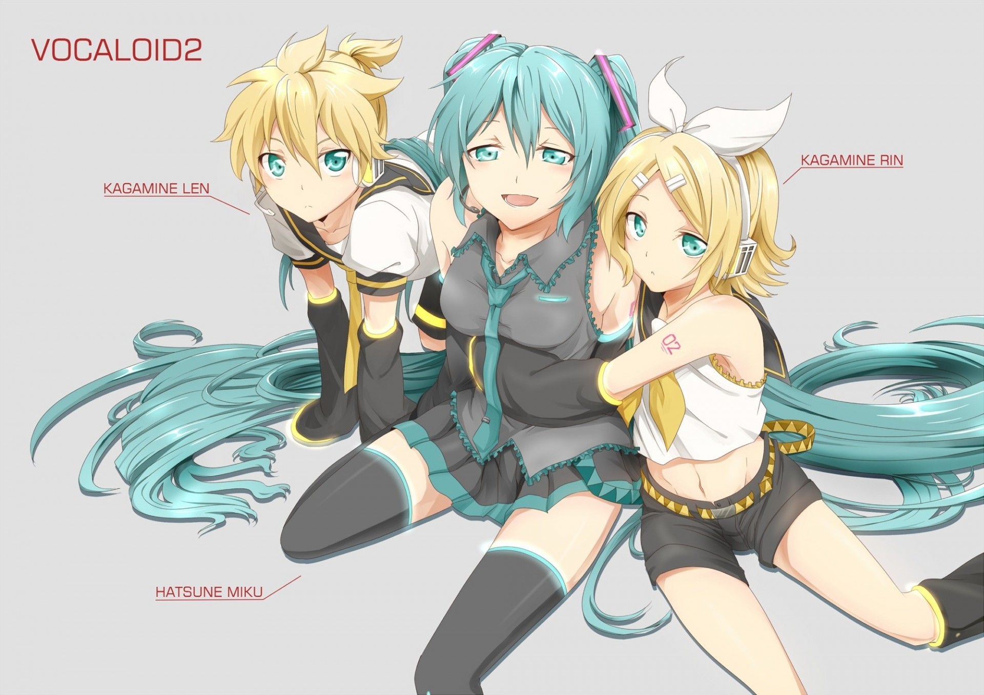 cravate blond kagamine rin twintails kagamine len arc cheveux courts jupe cheveux longs shorts hatsune miku écouteurs nombril thighhigh