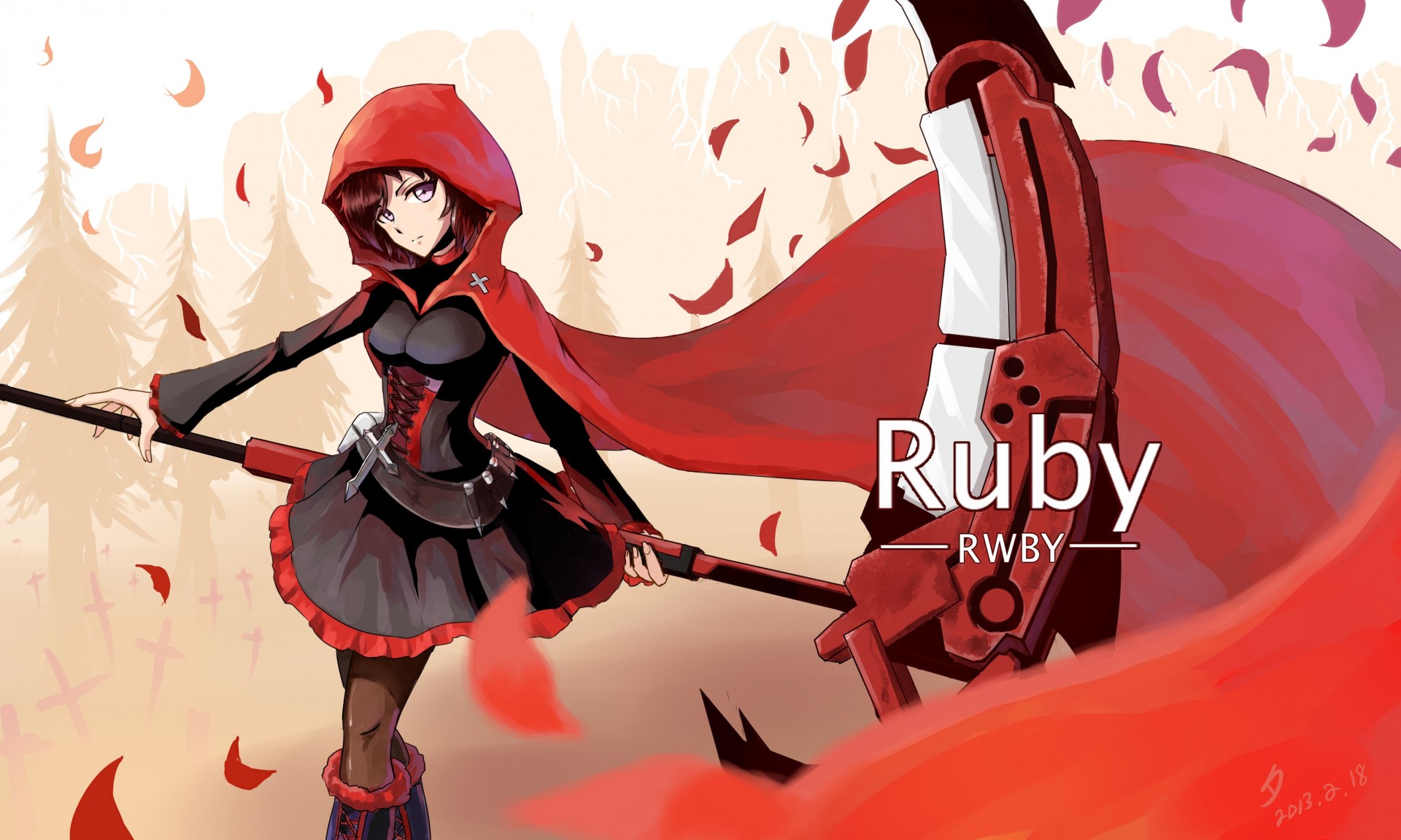 ruby boots petals skirt red corset tights spit pink eyes weapon brown hair