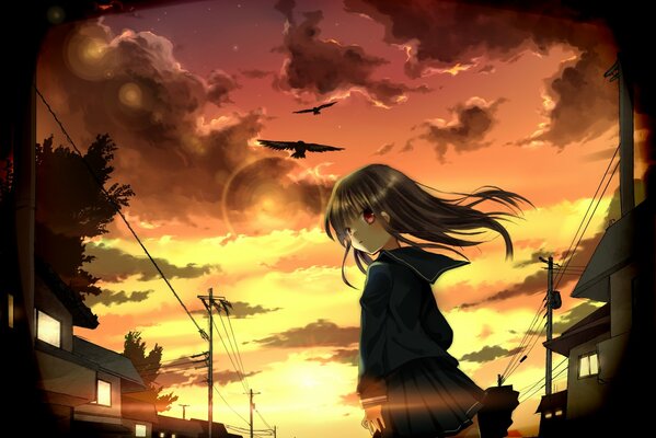 Anime dziewczyna na tle słońca i ptaków