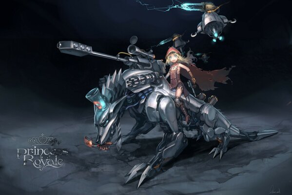 The heroine in a red cap and cloak riding a dragon in armor